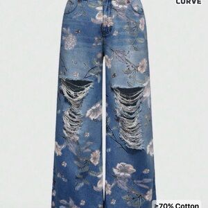 ROMWE Floral Distressed Wide Leg Jeans - Blue